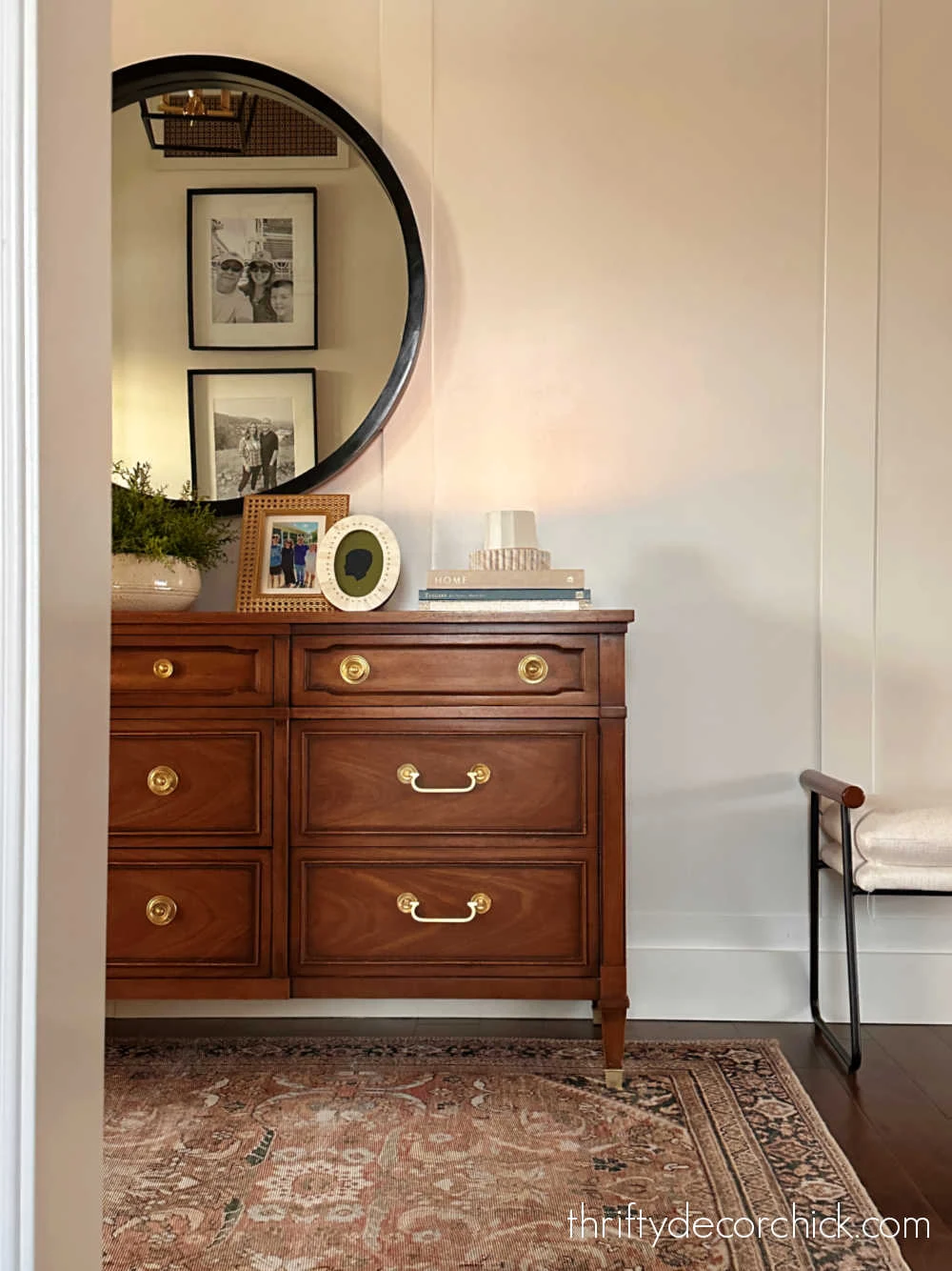 wood dresser in entryway